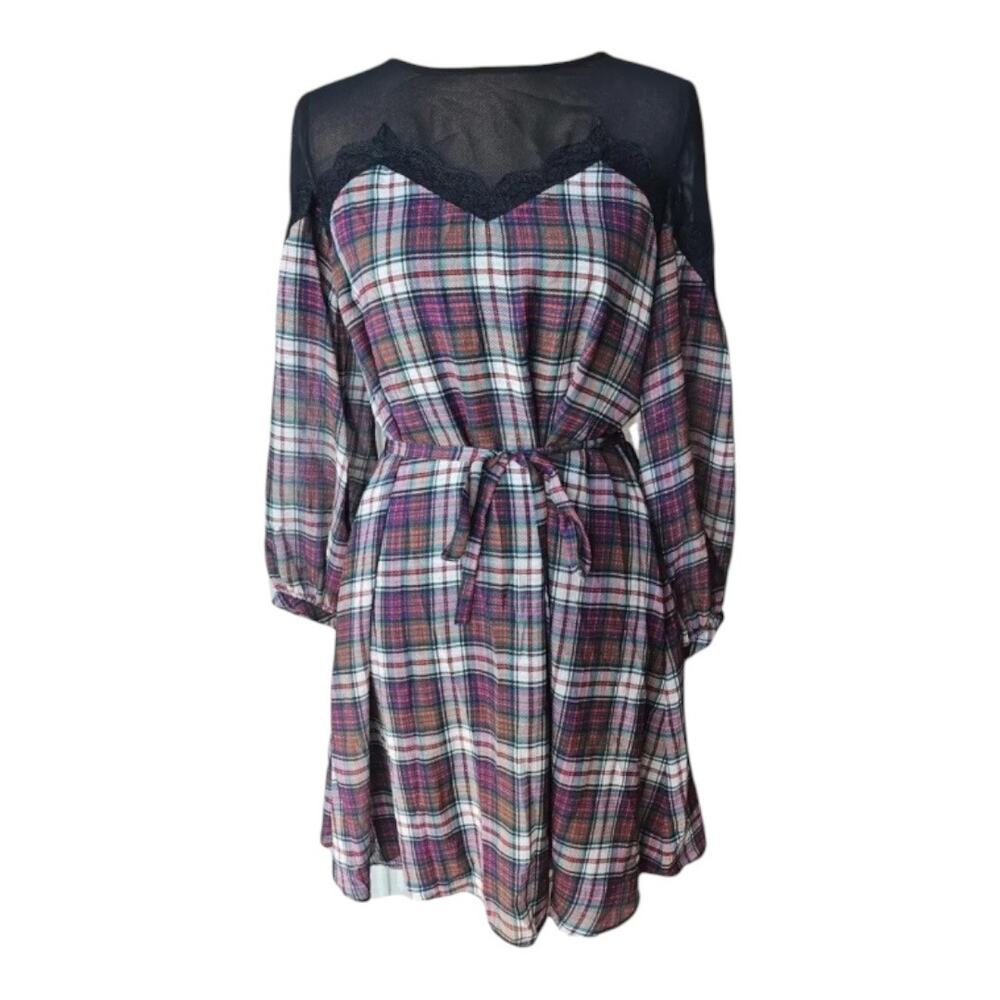 CLAUDIE PIERLOT Plaid Black Sheer Neckline Belted Lined Check Fr 36 US 4 Dress